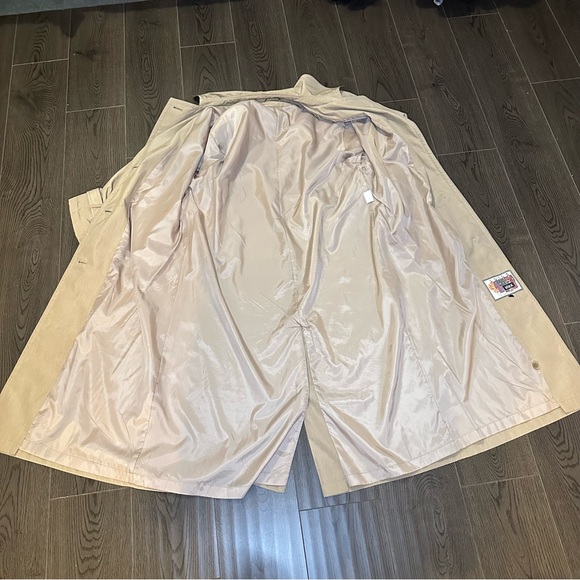 Utex Design Long Trench Coat Lightweight Lined Belt Tan Padded Shoulders Sz 16 - Picture 10 of 16